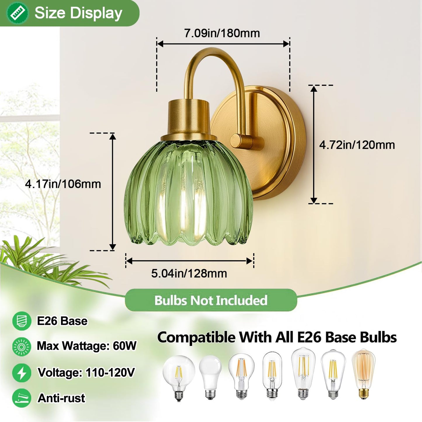 Meybiok 2-Pack Brushed Gold Bathroom Vanity Light, Single-Head Wall Sconce with Ribbed Green Tulip Glass Shade, Vintage Bathroom Light Fixtures for Bedroom, Hallway & Bedside (Bulbs Not Included)
