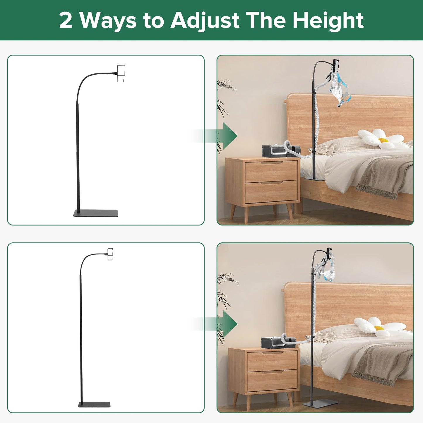 EonRivet CPAP Hose Holder for Bedside -All-Metal Stand with Aluminum Hook |NoWall Drilling | Fits ResMed/Philips/AirSense Tubing | Helps Keep Hose Clean &Tangle-Free