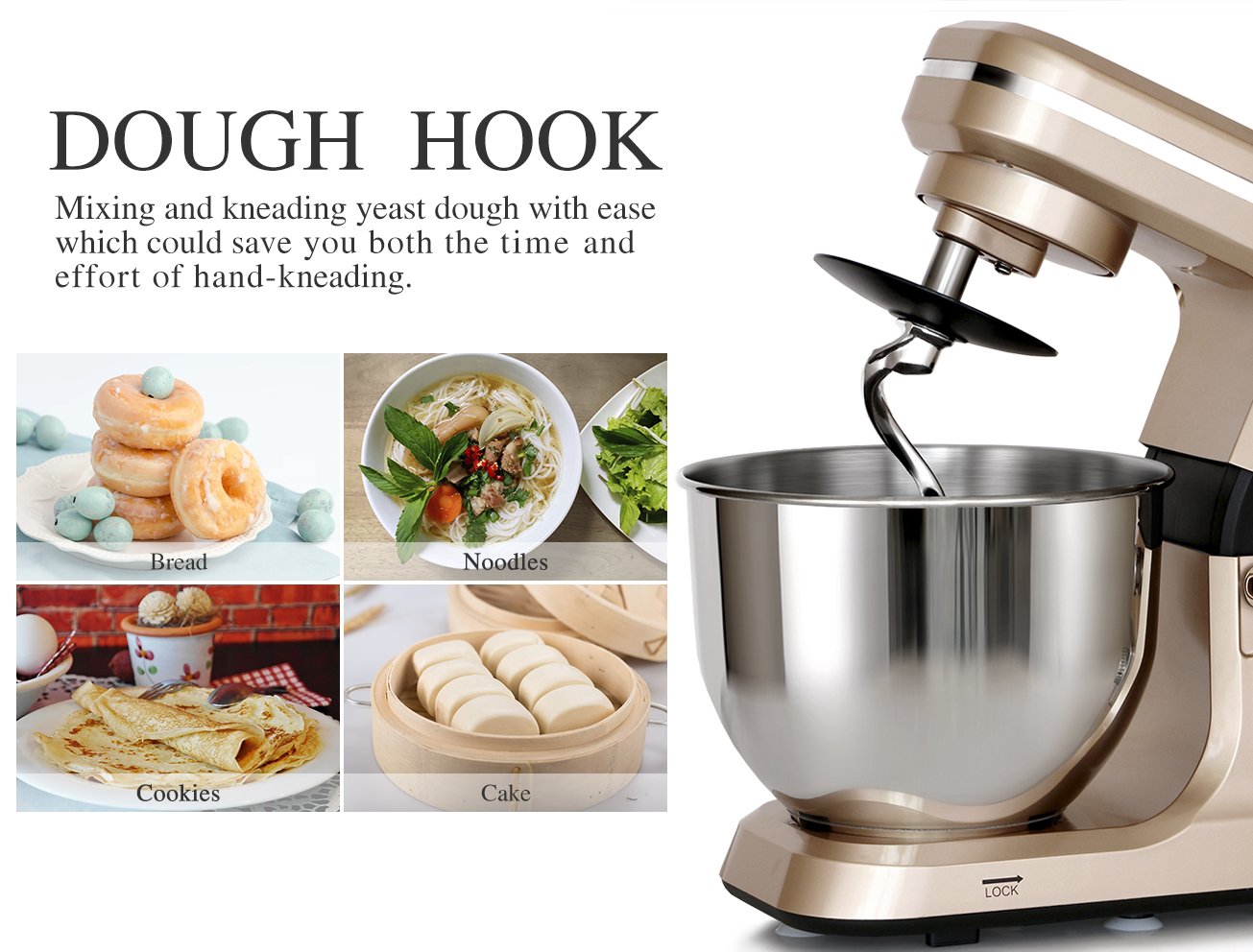 MURENKING Stand Mixer,5.3-Qt & 500W & 6+P Speed MK36 Tilt-Head Kitchen Electric Food Mixers Home Baking Dough Machine with Accessories (Champagne)