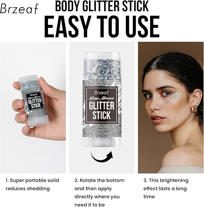 Brzeaf Halloween Body Glitter Stick, Waterproof & Long Lasting, Hair Eyeshadow Face Body Glitter, Singer Concert Music Rave Festival, Glitter Stick Makeup & Face Glitter Gel