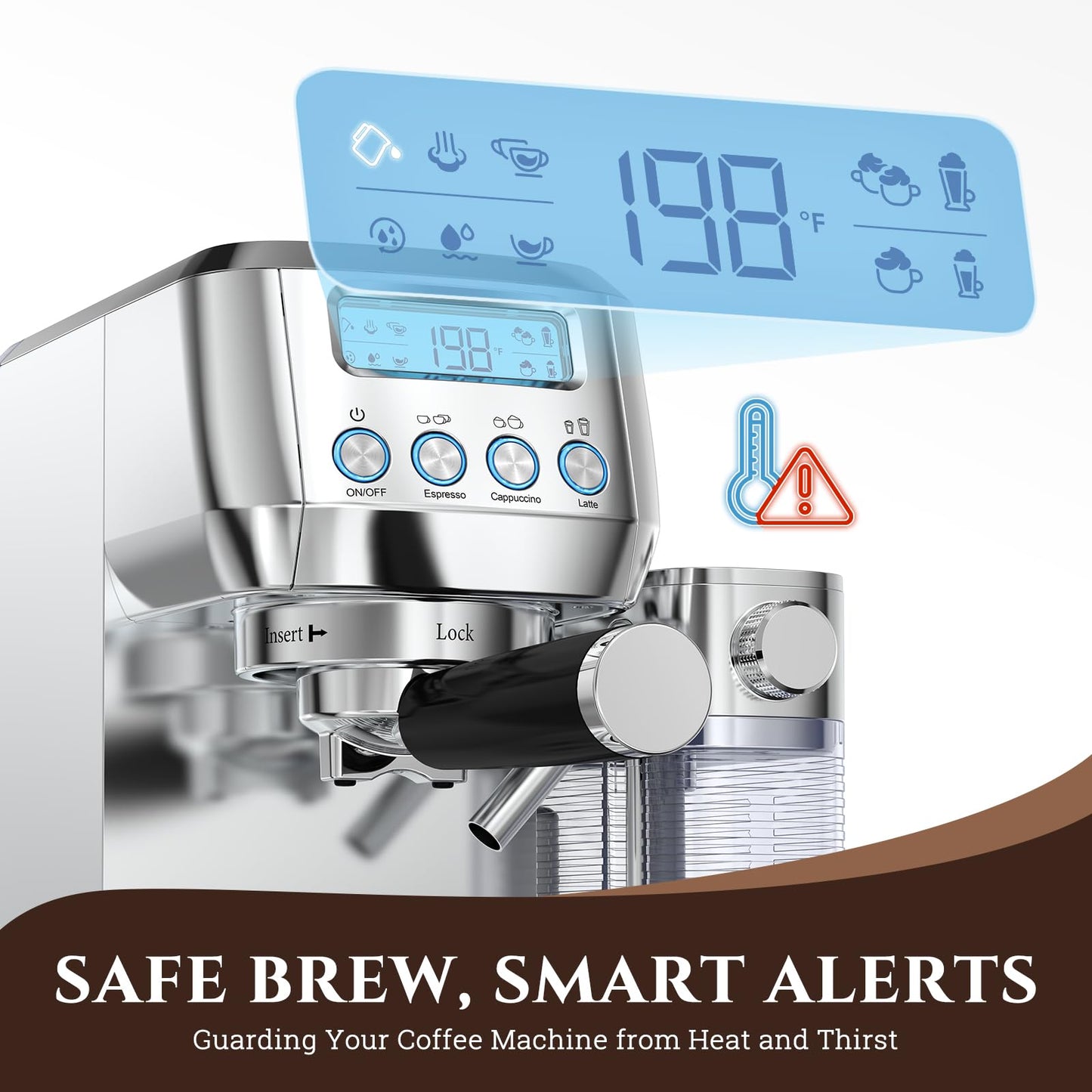 AMZCHEF Espresso Machine with Upgraded Automatic Milk Frother, 20 Bar Cappuccino & Latte Maker with LCD Display, Dual Wall Filters, Metallic Silver – Ideal Home Gift