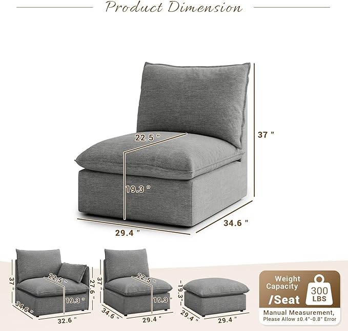 Forest aesthetics Cloud Modular Sectional,Middle Waterproof High Backrest Sectional Sofas,Down Filled Modular Couch with Removable Washable Cover for Living Room,Dark Gray