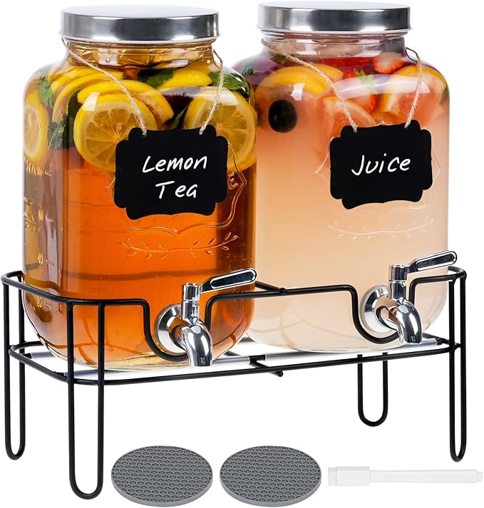 Moretoes Glass Drinks Dispenser for Parties, 2 PACK 1 Gallon Beverage Dispenser with Stand for Juice and Iced Tea, Water J...