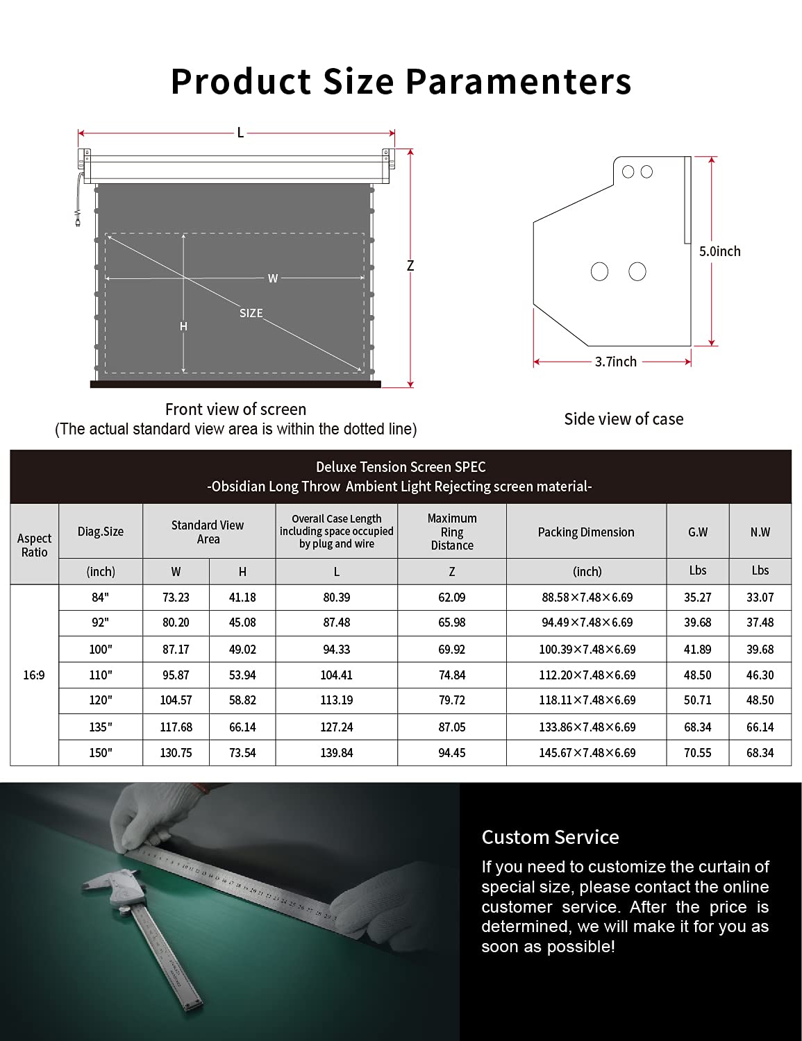 VIVIDSTORM-Office Presentation Tension Screen,White Housing Obsidian Long Focus ALR Motor Tension Drop Down Deluxe Screen,Compatible with Lumen up to 2500ANSI Short Throw Projector,V6JLALR135H