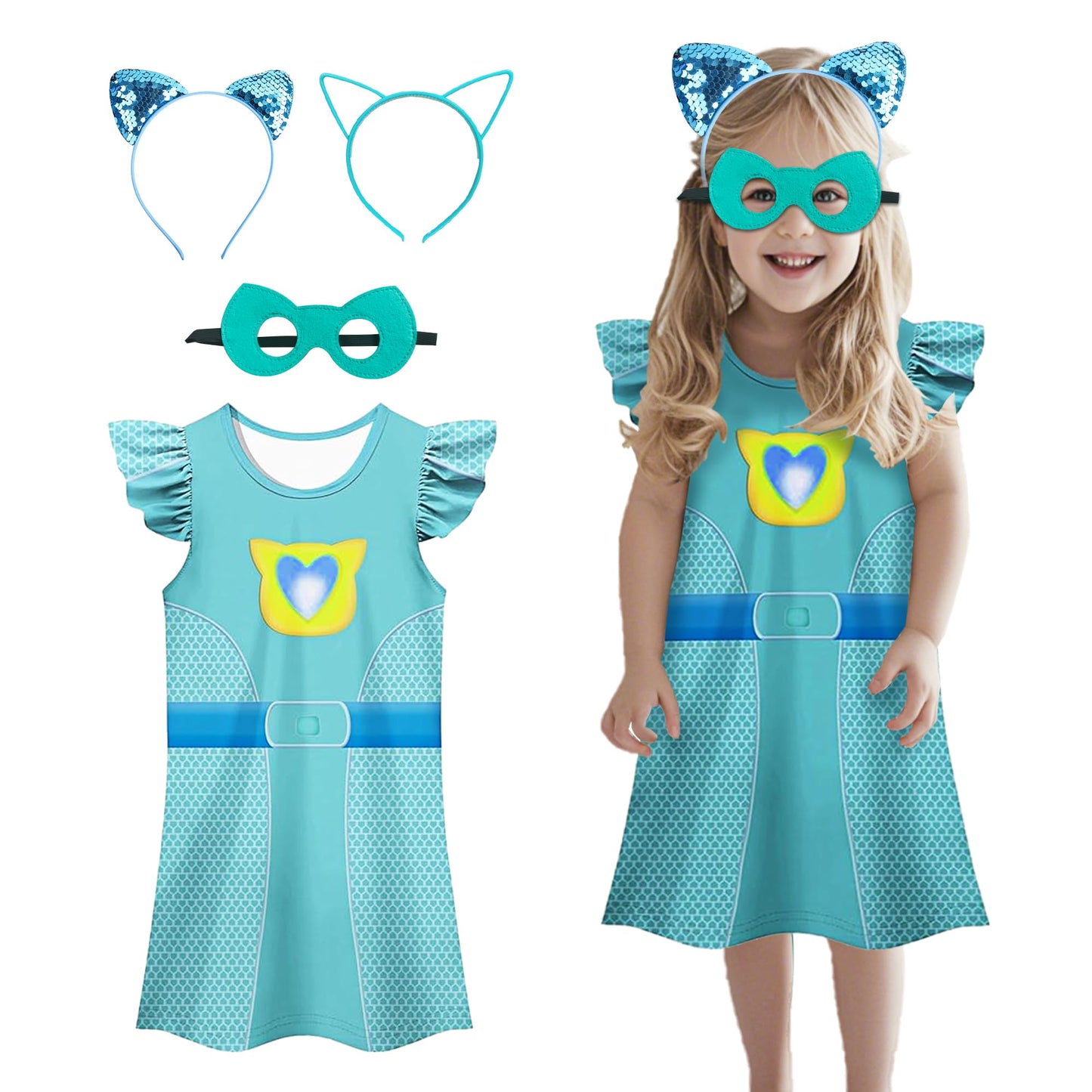 CheerfulChic Princess' Costume Set, Dress with Superhero Logo, Cat Ear Headbands, Mask, 4 Pieces, For Birthday Halloween Christmas （110cm/3-4T） Blue green