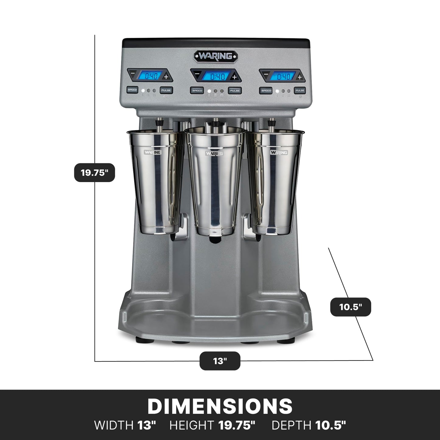 Waring Commercial WDM360TX Heavy-Duty Triple Spindle Drink Mixer, Each Spindle Has Independent 1hp Motor, with Countdown Timer, Digital Display, Automatic Start/Stop, 120V, 5-15 Phase Plug,Silver