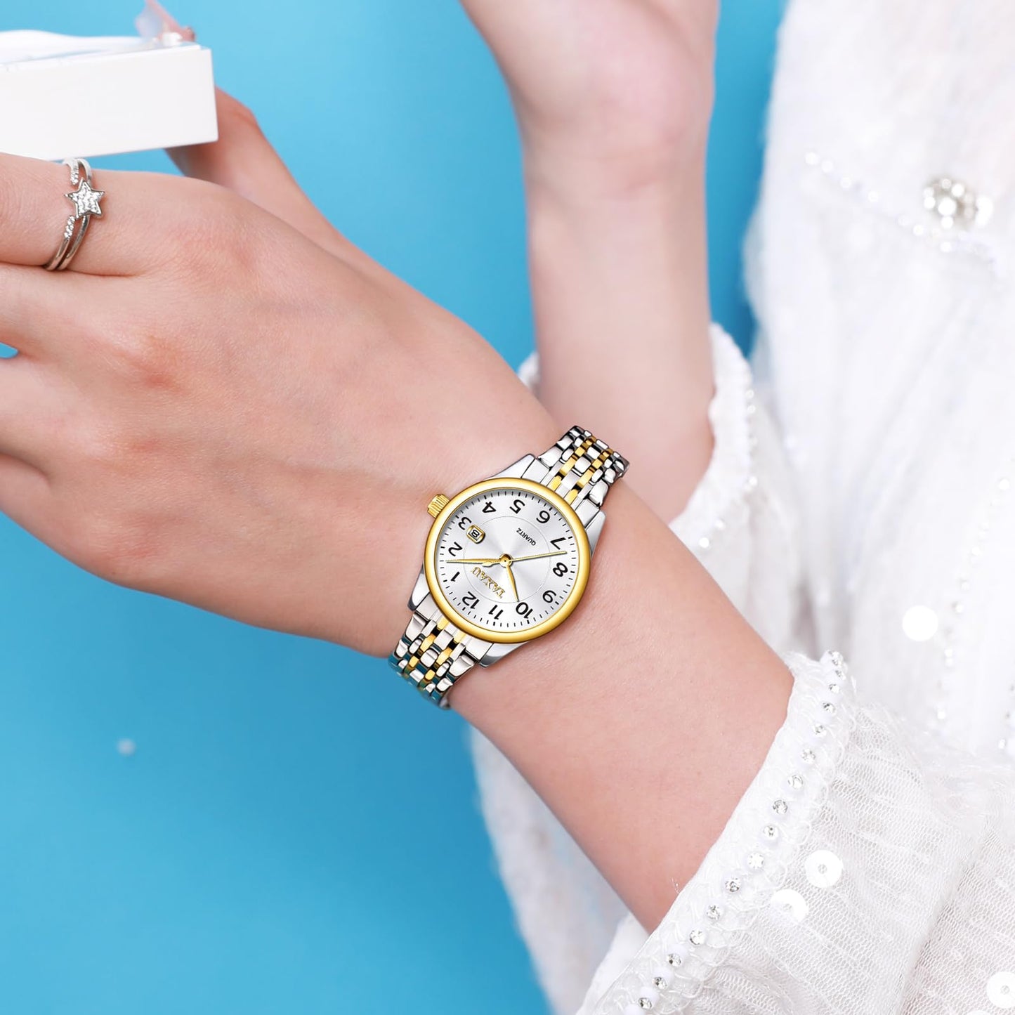 Taxau Small Face Womens Watch Silver Gold Two Tone Watches for Women Ladies Stainless Steel Waterproof Easy Read Womens Watch with Date Dress Quartz Women Wrist Watches Reloj para Mujer