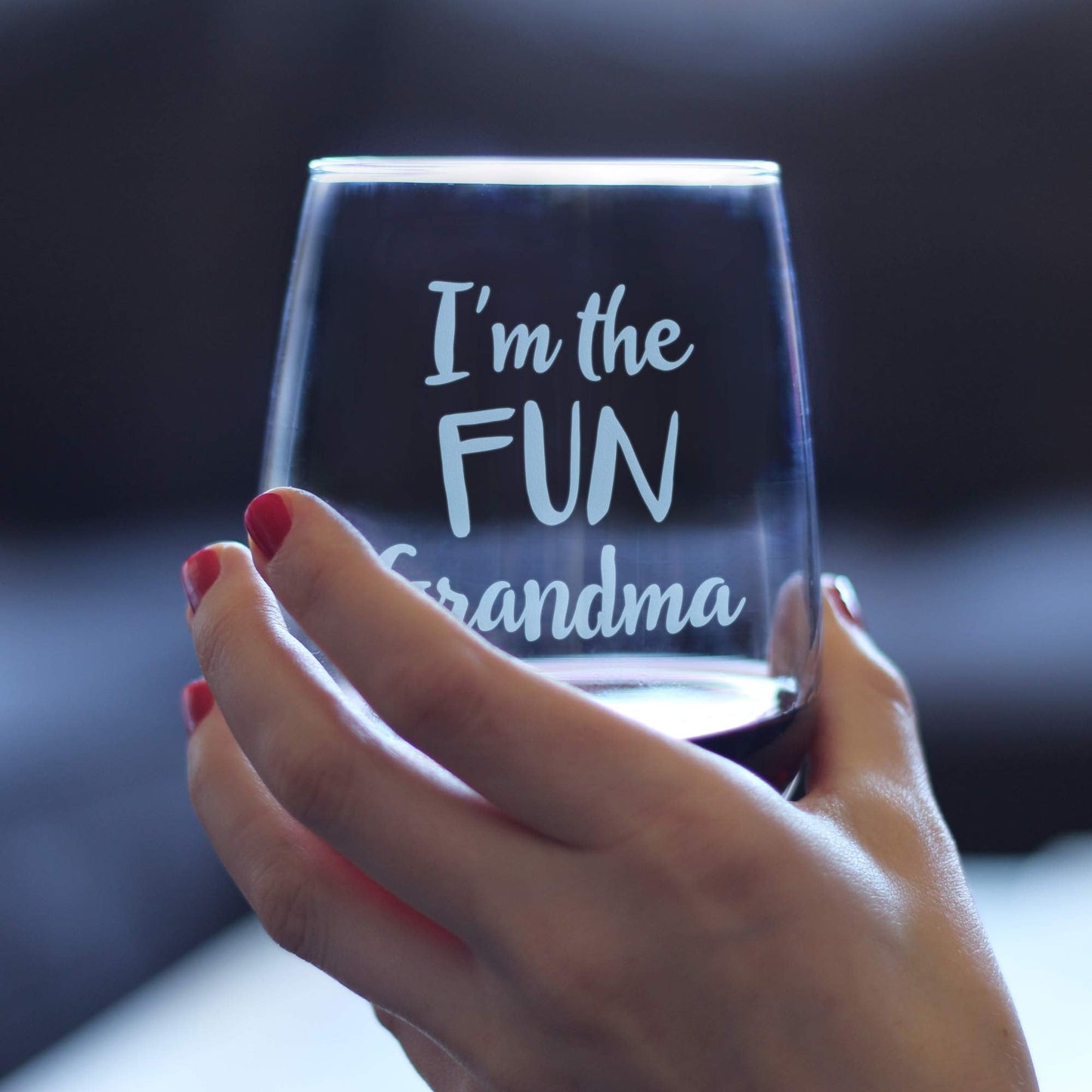 Fun Grandma – Funny Stemless Wine Glass, Large 17 Ounce Size, Etched Sayings, Gift Box