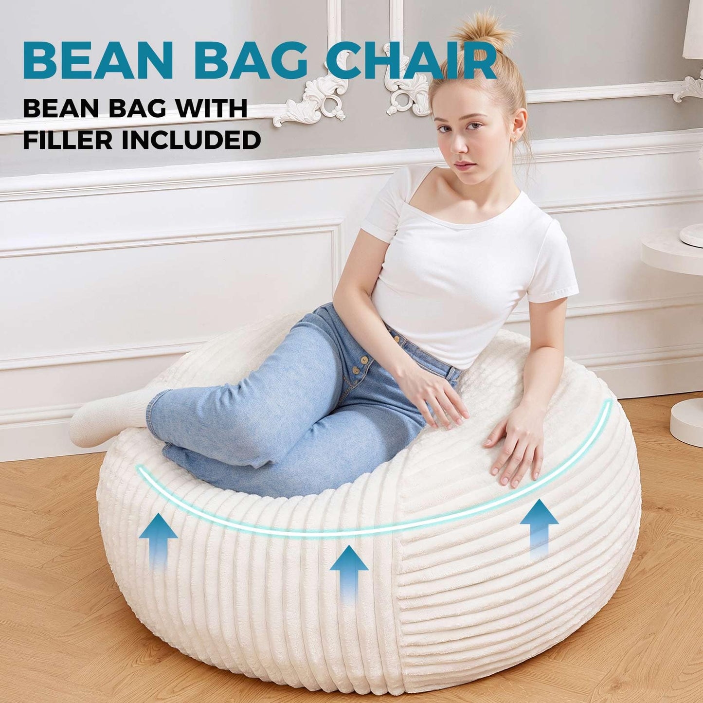 Bean Bag Chairs for Adults，Bean Bag Chair with Filler Included，Detachable and Washable Flannel Cover, Round Fluffy Sofa Chair Filled with Memory Foam, Suitable for Gaming, Bedroom (Off-White)