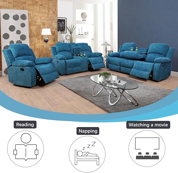 A Ainehome Living Room Furniture Set Recliner Sofa Set Loveseat Chair Furniture Sofa Set for Living Room/Small Space/Rv/House/Office/Theater Seating (A-Blue Microfiber, 3 Piece Set)