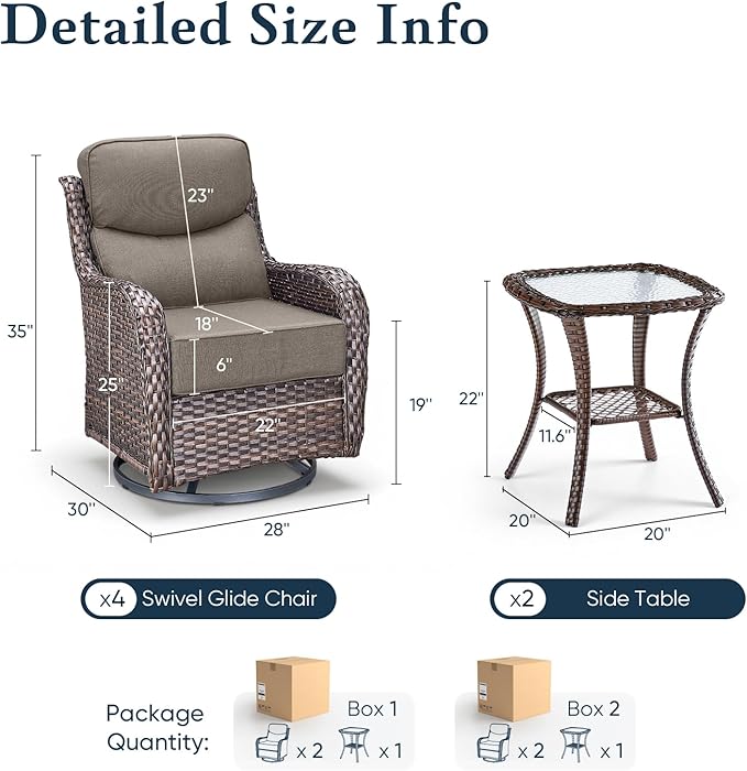 Belord Luxury 6" Thick Cushioned Outdoor Swivel Rocker Patio Chairs Set of 4 with Side Table, High Back Wicker Furniture Set with Ergonomic Zone Back, Conversation Set for Deck Porch - Brown+Beige
