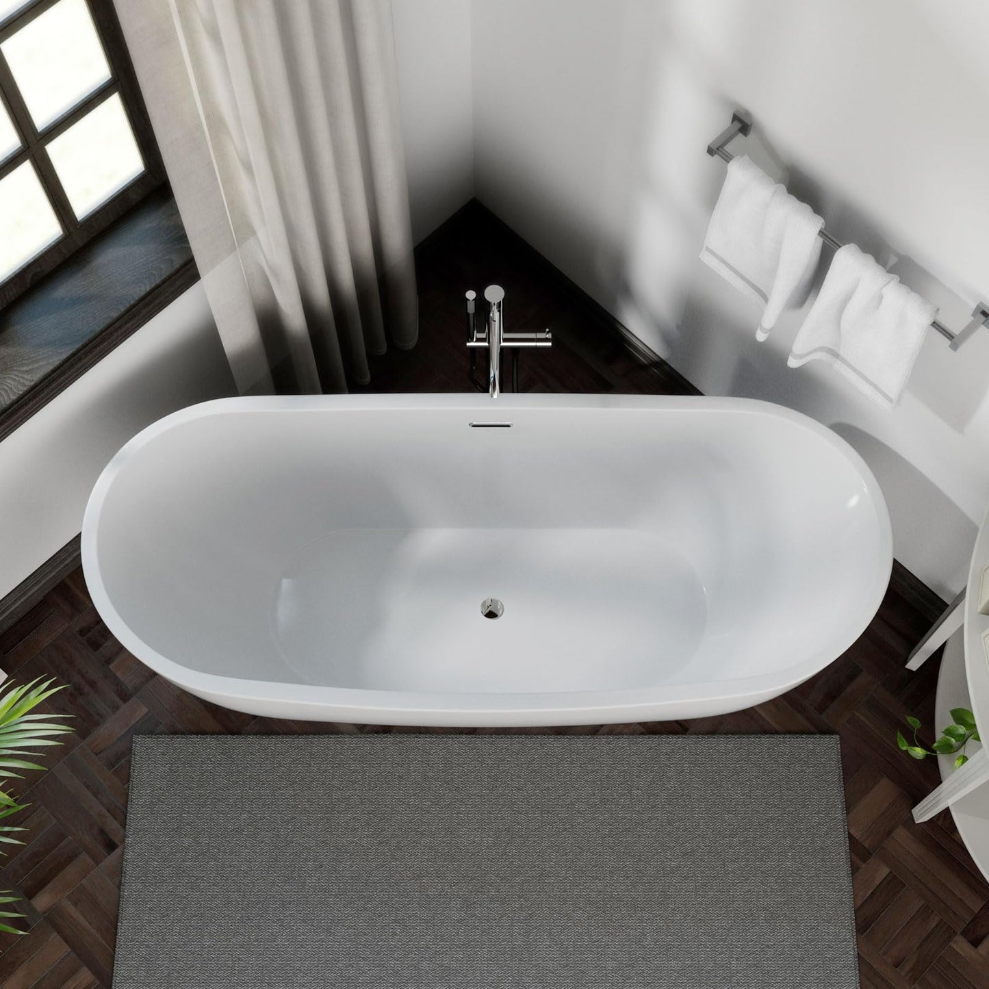 Empava 69" Freestanding Tub, Acrylic Contemporary Soaking White Tub with Drain and Overflow