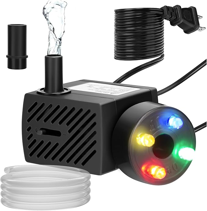 DaToo Mini Submersible Fountain Water Pump With LED Light 95GPH 5W Small Ultra Quiet Water Pump With Tubing For Aquarium F...