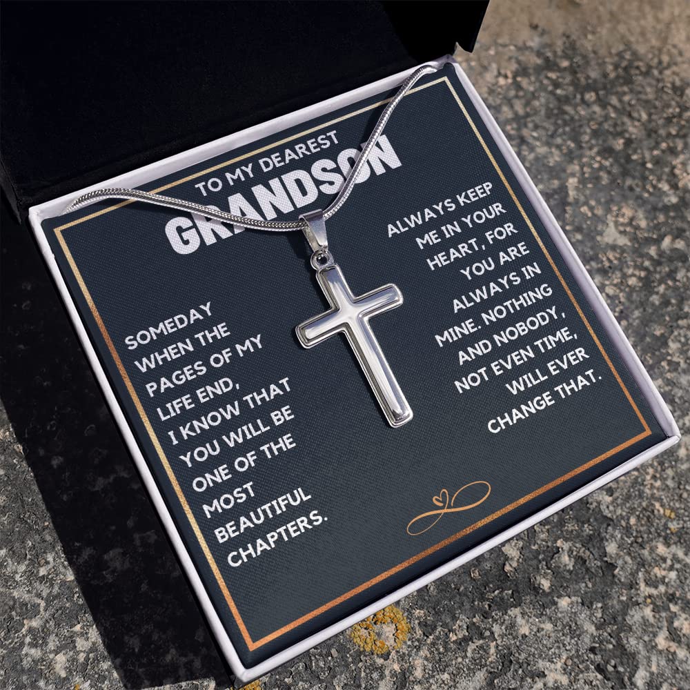 FG Family Gift Mall Grandson Birthday Gifts From Grandma Present For Grandson From Grandmother To My Grandson Necklace From Grandparents Cross Chain with Message Card and Gift Box, Stainless Steel,