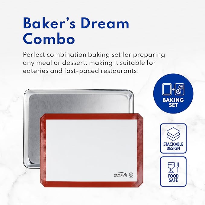 New Star Foodservice Commercial 18-Gauge Aluminum Sheet Pan and Silicone Baking Mat Set, 18 x 26 inch (Full Size)