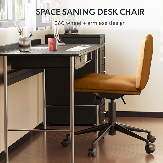 FLEXISPOT Cross Legged Office Chair Armless Desk Chairs Comfy Wide Seat Criss Cross Chair with Wheels Vanity Chair for Living Room Bedroom Study Room(Brown)