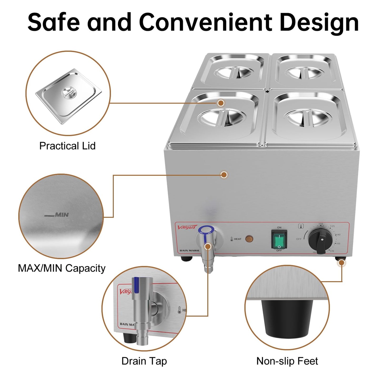 Valgus Commercial Stainless Steel 4 Sections Bain Marie Food Warmer 16 Qt Buffet Server with Lid and Tap for Home, Catering, Restaurants