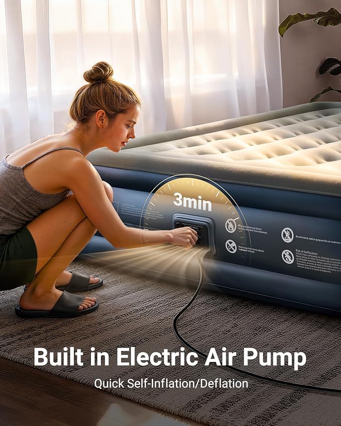 iDOO Queen Air Mattress with Built in Pump, 18 Raised Comfort Inflatable Mattress Blow up Mattress, Upgraded Four Chamber Portable Air Bed for Camping, Guests and Home, Colchon Inflable, 650 lbs Max