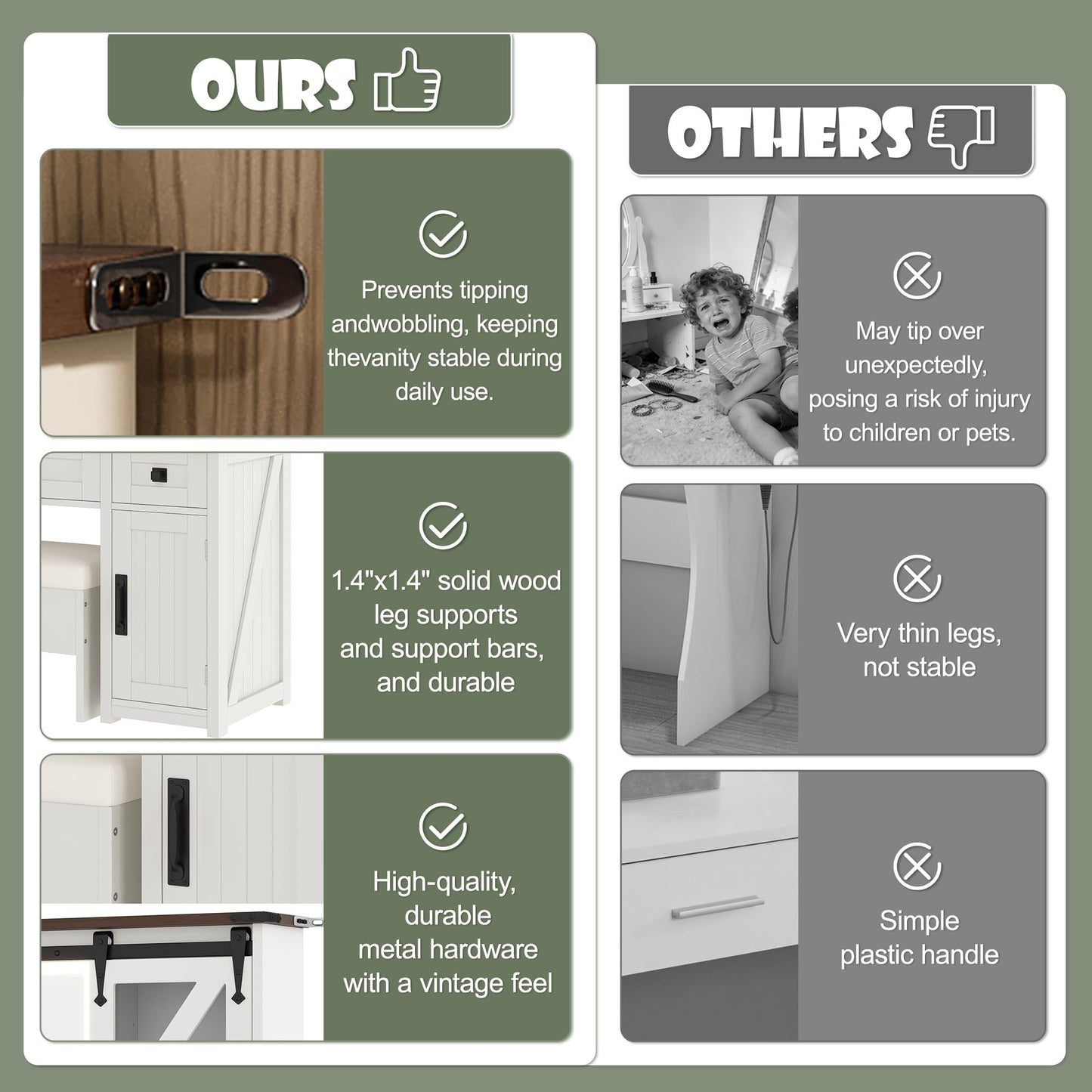 GDFStudio 43.3" Farmhouse Makeup Vanity Desk with Lighted Mirror, Dressing Table Set with Sliding Barn Door Hidden Shelves, 3 Drawers & 4 Cabinets, Charging Station, Beige and White Finish
