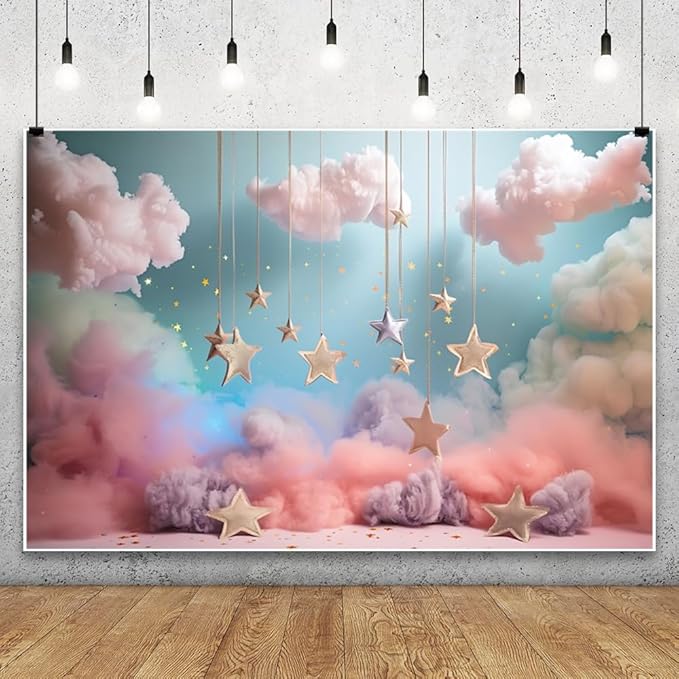 Leowefowa 8x6ft Pink Cloud Starry Stars Backdrop Sweet Princess Birthday Girl Baby Shower Party Decorations Photography Ba...
