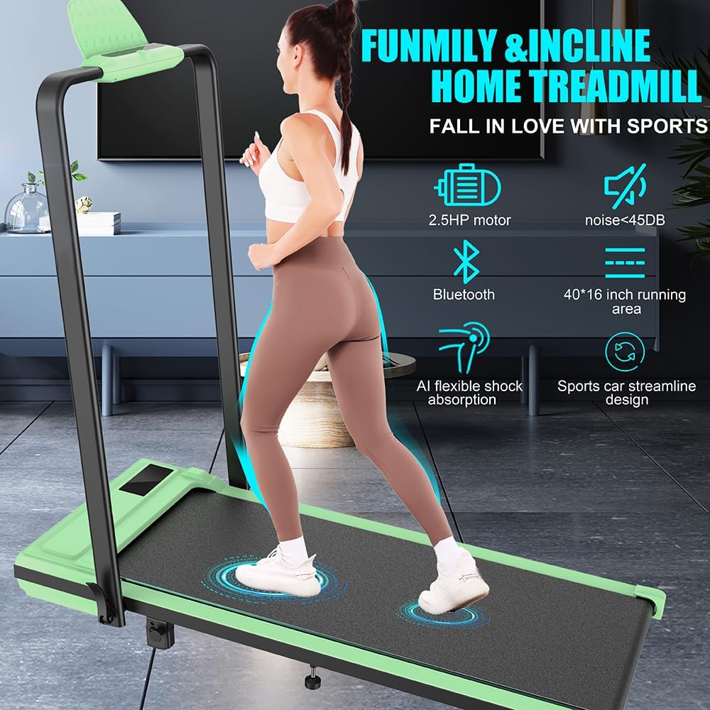 Folding Treadmill with Incline,4 in 1 Foldable Walking Pad with Handle Bar,Under Desk Treadmill for Home Office,Walking Pad 300LBS Weight Capacity/Dual Control/LED Display (Green)