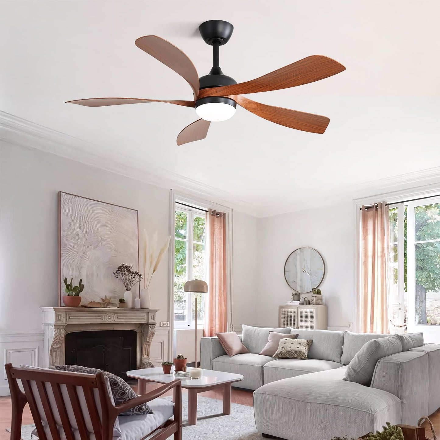 CACI Mall 52 Inch Ceiling Fans with Lights and Remote, modern, Outdoor ceiling fan with 6-Speed, 5 Blades, 2 Downrods, 3 CCT, Timer, Quiet Reversible DC Motor for Living Room, Bedroom, Patios