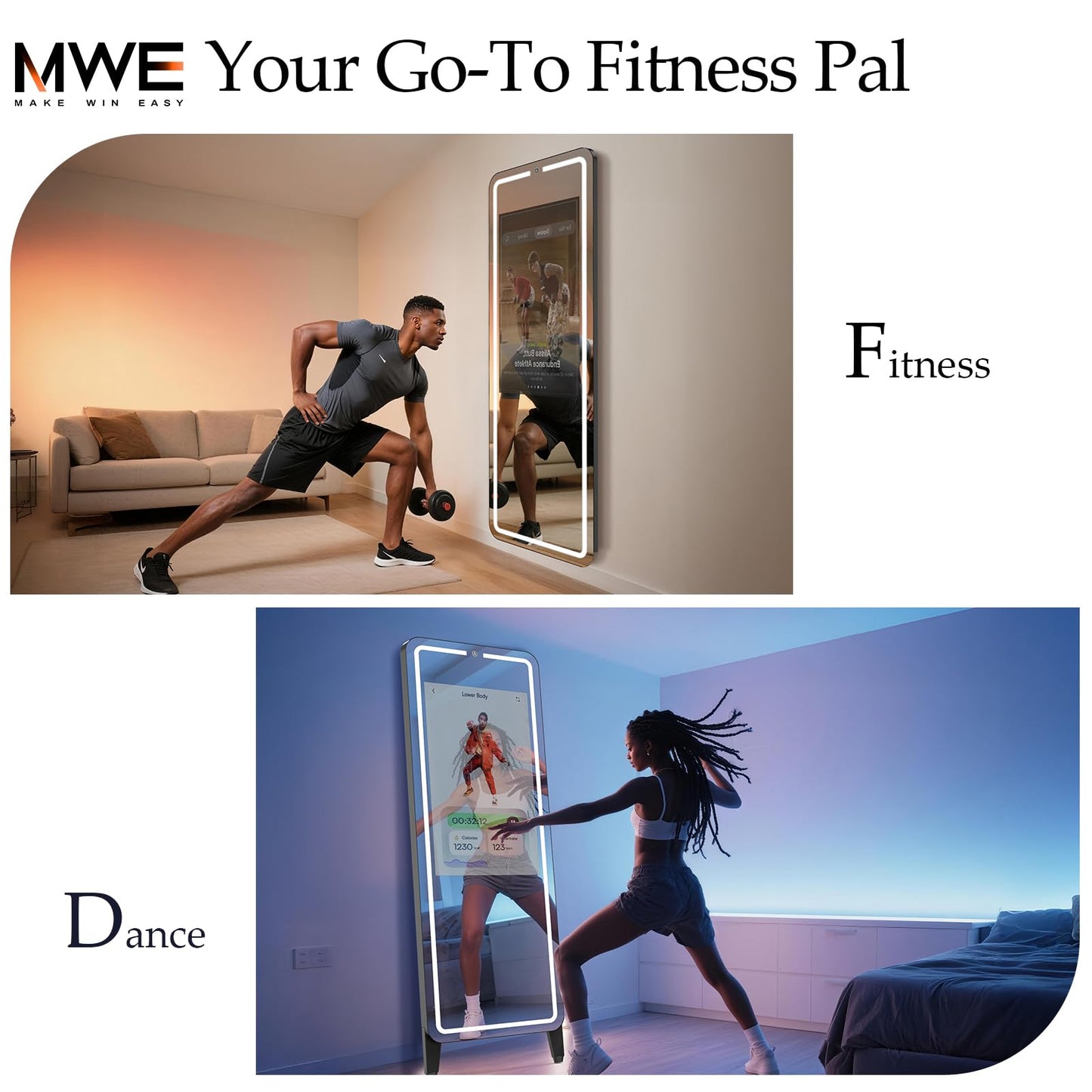 RIXZSIW Smart Gym Mirror for Home Workout | 32" HD Touch-Screen Andriod OS | 63" Reflective Surface | No VIP Fees Support Various APPs, Music Sync LED Light Strip, for Home Gym/Yoga/Dance