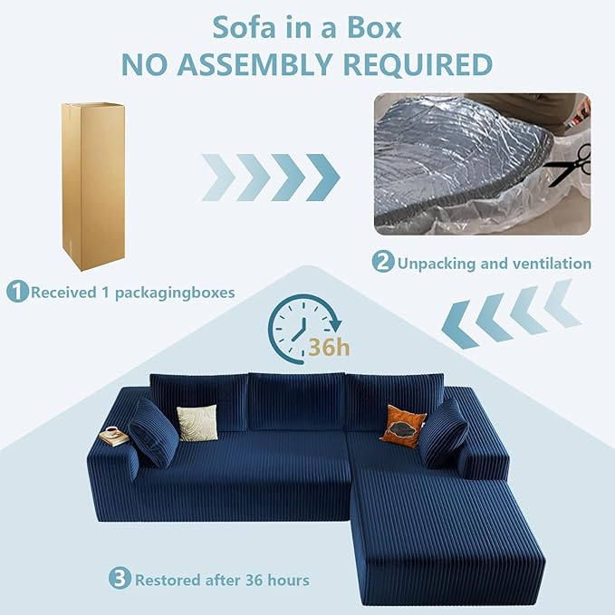 96" Cloud Sectional Couch with L-Shape Chaise, Modern Corduroy Boneless Couch for Living Room,Memory Foam Sofa with Deep Seat,No Assembly Required (Blue,Right-Facing Chaise)