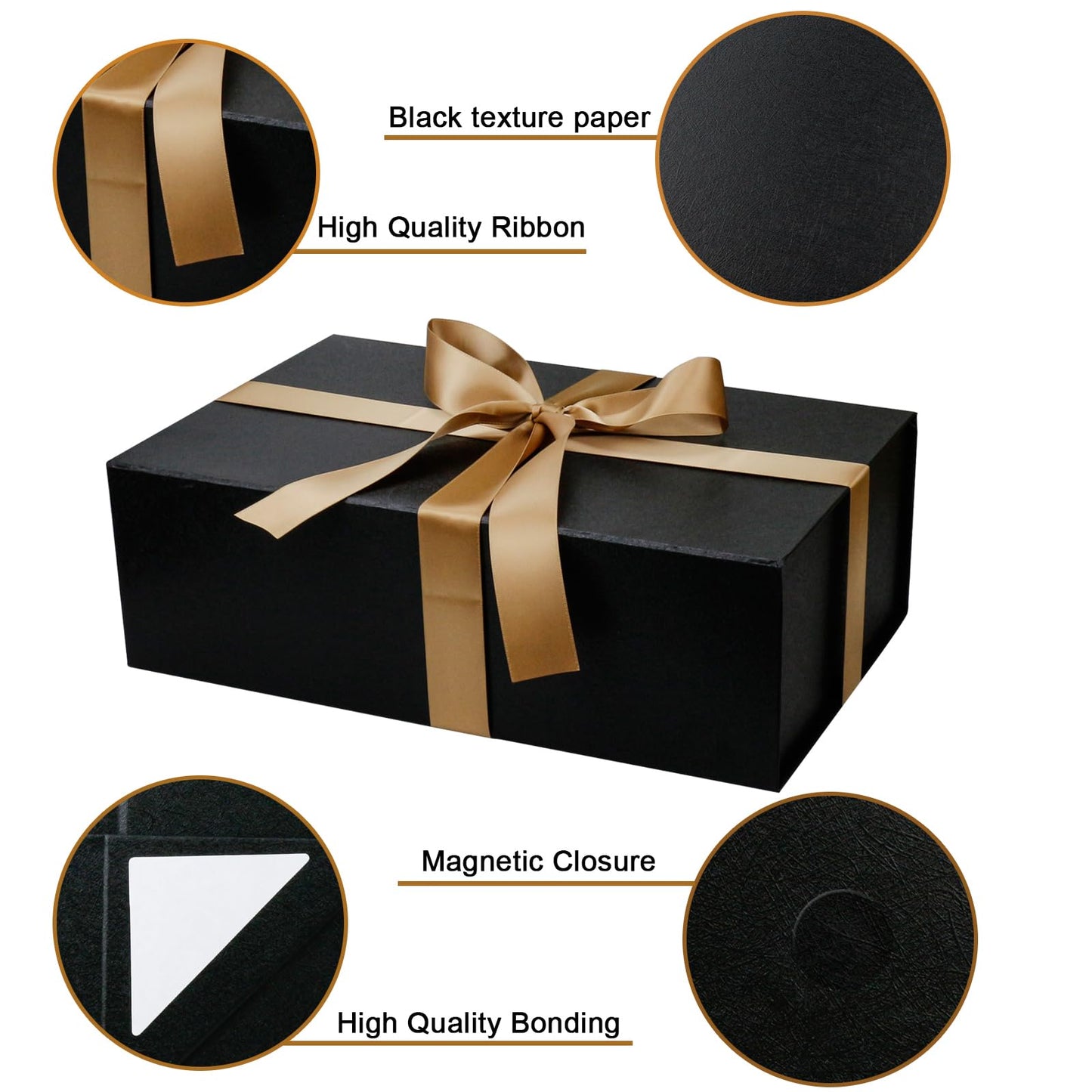 YINUOYOUJIA 5 Pack Large Black Gift Box with Lid,14"x9"x4.5" Magnetic Gift Boxes with Ribbon,Cards and Envelopes for Presents,Great for Wedding,Birthdays,Crafting,Gift Packaging.