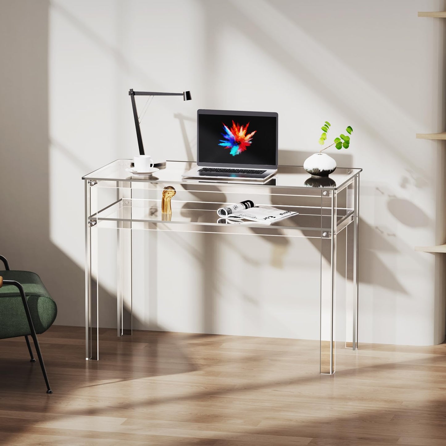 solaround Clear Acrylic Desk with Open Storage, Home Office Computer Writing Desk Office Study Table (Clear, 39.4'' x 19.7'' x 29.5'')
