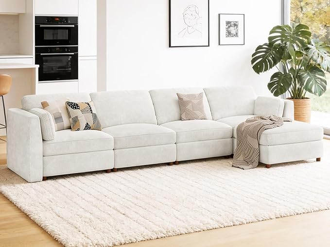 CUGOAO 153.4'' Modular Sectional Sofa, Oversized L-Shaped Sectional Couch with Ottoman, Deep Seat Chenille Cloud Couch, Mordern Upholstered Couches for Living Room, Apartment, Office, Beige