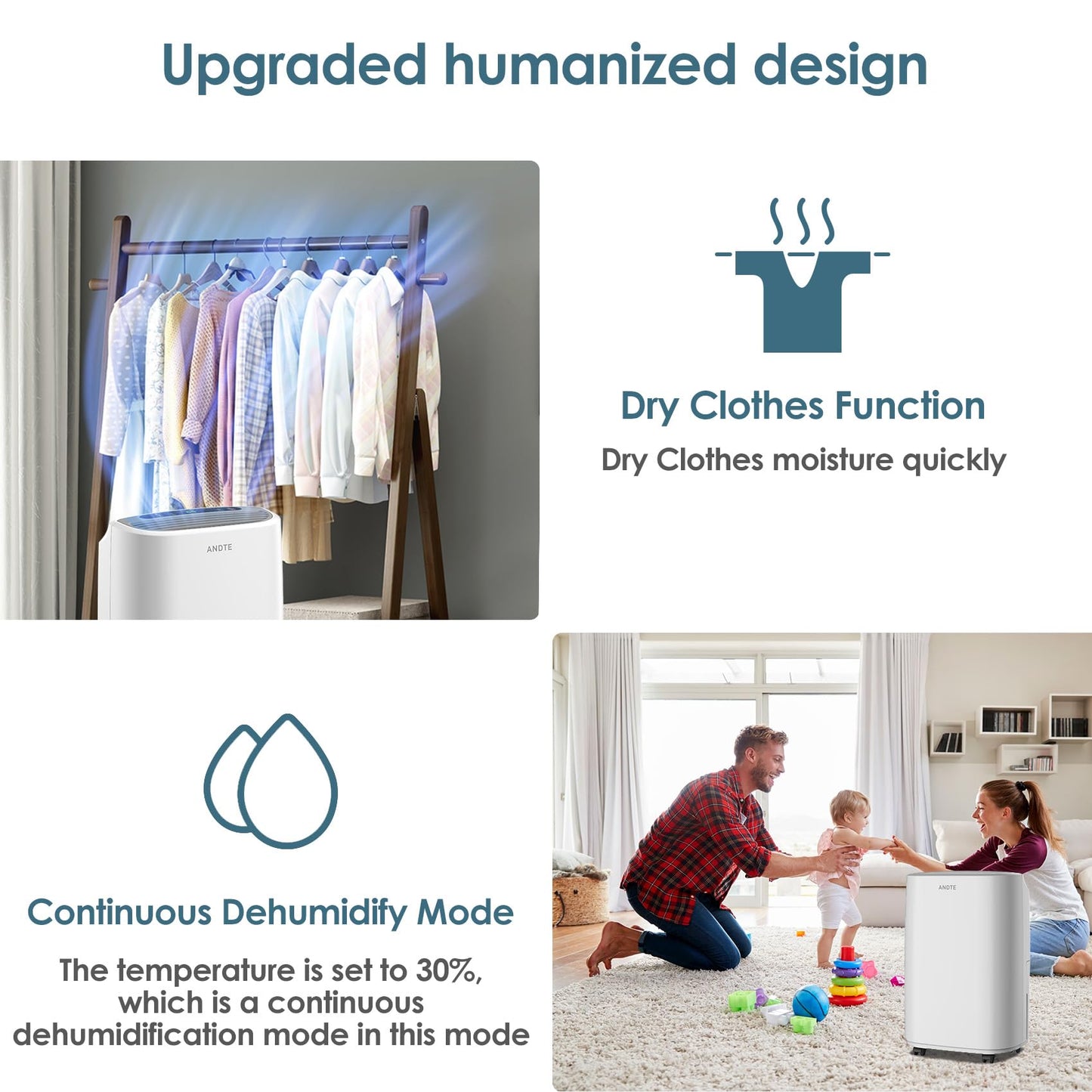 2500 Sq.Ft Dehumidifier for Home Basement, ANDTE 34 Pints Dehumidifier with Drain Hose with Smart Humidity Control, 3 Operation Modes, Powerful Moisture Removal for Large Room, RV, Bathroom, Bedroom