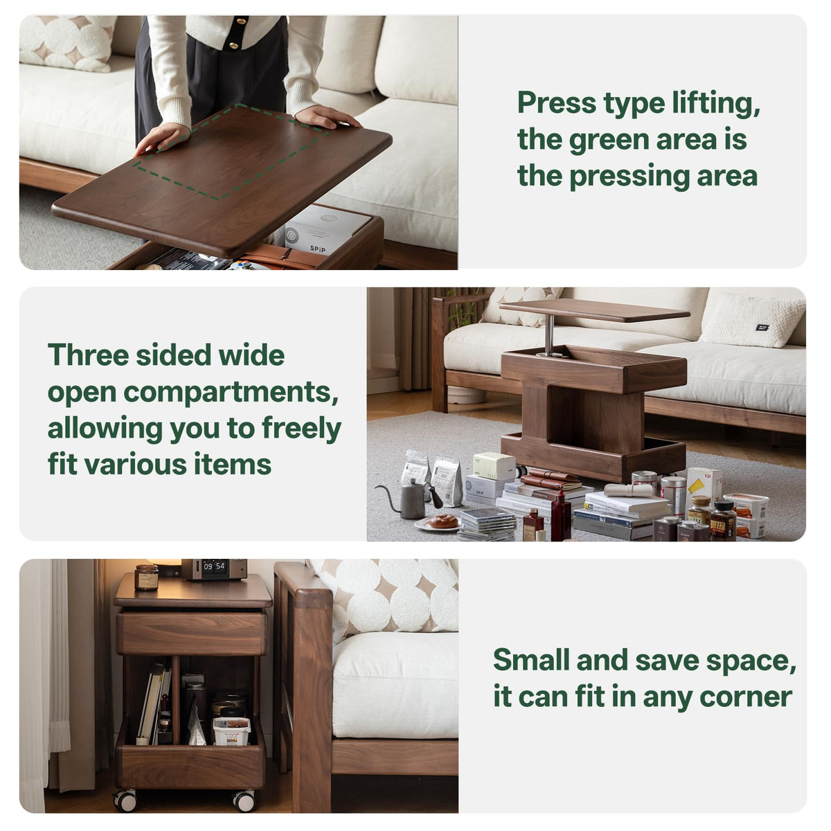 Vadisun 100% Solid Wood Lift Top Coffee Table, Small Bedside Table with Rolling Wheels, Adjustable Side Table for Dining Room, Recliner and Small Places(Walnut, Fully Assembled Furniture)