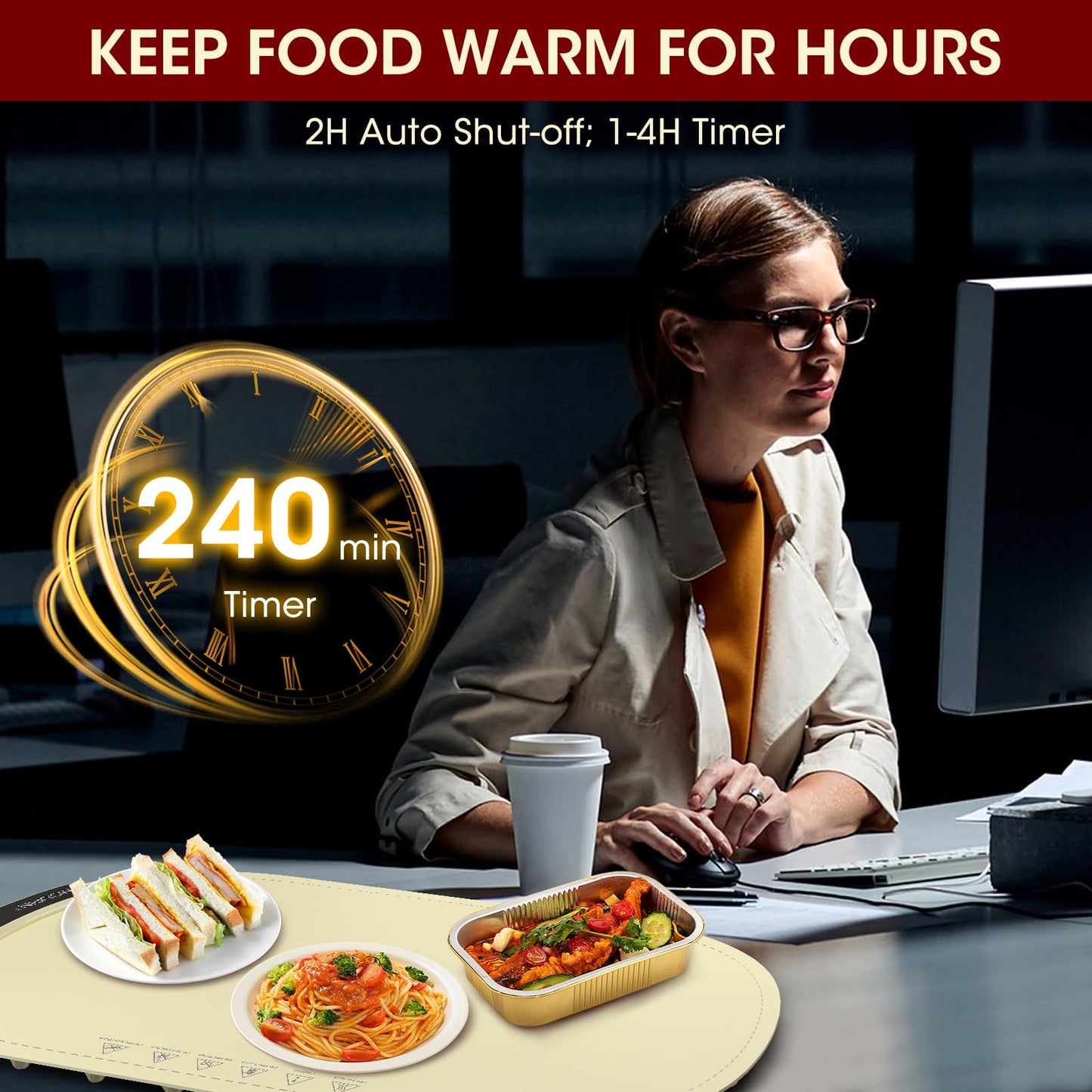 Warming Mat for Food, MQUPIN Food Warming Mat with 7 Temp Settings 1-4 H Timer and Child Safety Lock, Full Surface Heating Roll Up Electric Warming Tray for Gatherings,Parties,Buffet,Daily Use（Beige）
