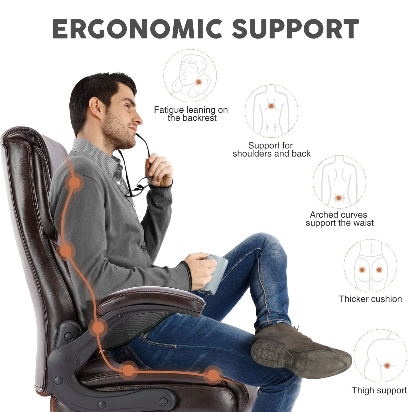 Ergonomic High Back Office Chair, PU Leather Executive Computer Desk Gaming Chairs with Flip-up Arms, Home Office Adjustable Swivel Rolling Chair with Wheels - Brown