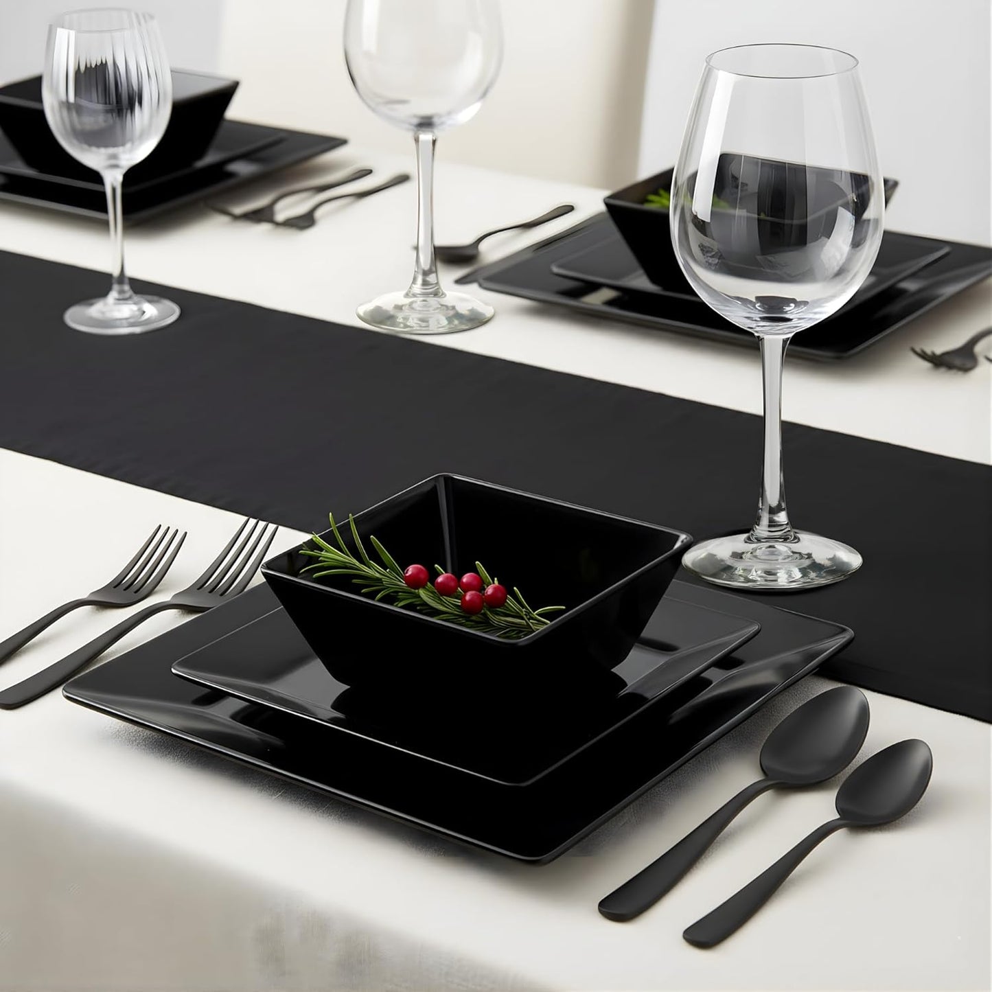TP 12-Piece Dinnerware Set, Melamine Dishes Set with Bowls and Plates, Non-breakable and Lightweight Square Dinner Set for 4, Black