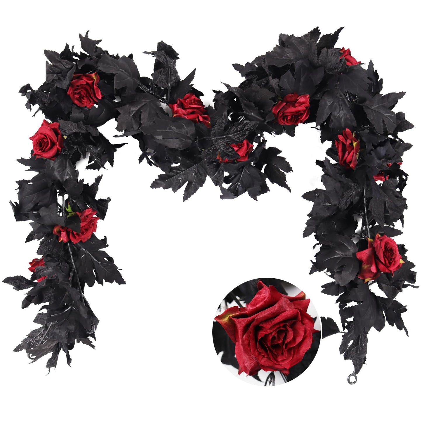 RECUTMS 2Pcs Black Fall Maple Leaf Garland with Red Roses 5.7Ft Fake Hanging Rose Vines Artificial Rose Flower Garland Black Halloween Wreath for Autumn Fireplace Indoor Outdoor Thanksgiving Decor