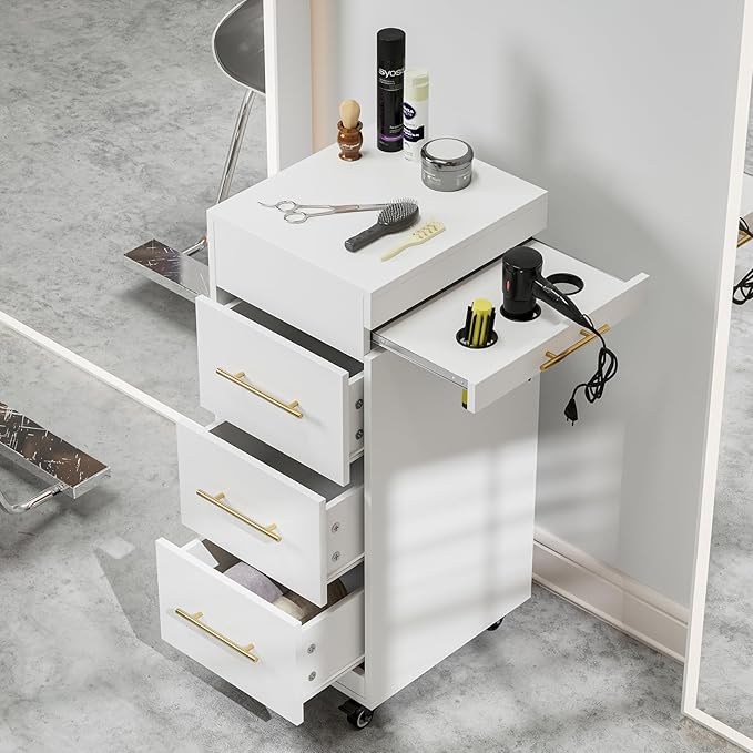 Paddie Salon Trolley Cart with Lockable Wheels, Rolling Hair Cart with 3 Dryer Holders for Hair Stylist, Makeup Organizer Stations Cabinet for Beauty Spa Barbershop Tattoo (White)