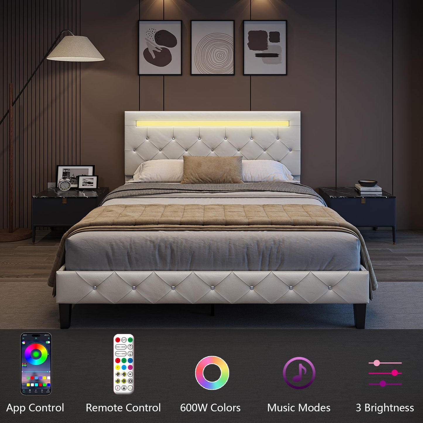 Benevika Full Size Bed Frame with LED Lights, Upholstered Platform Bed Frame, Adjustable Headboard with Charging Station, Wooden Slats Support, Easy Assembly, No Box Spring Needed, White