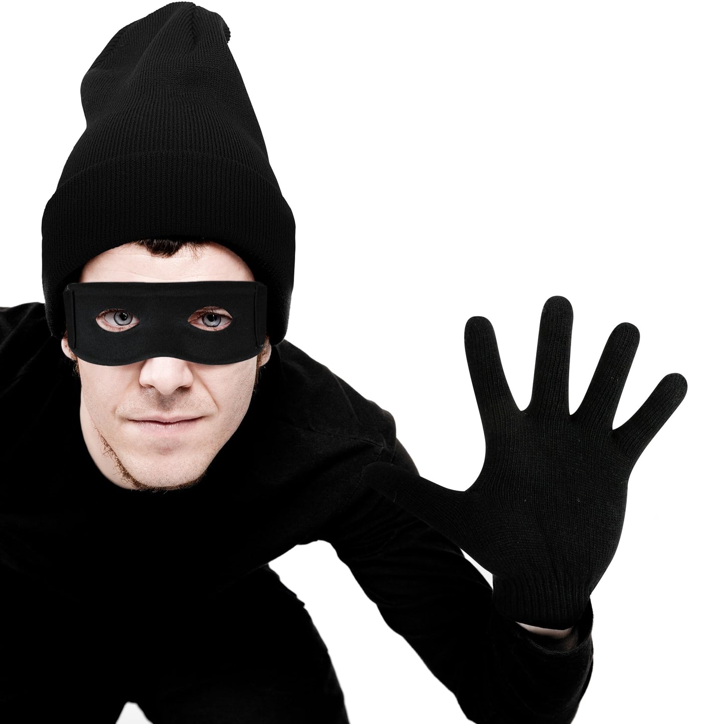 QZYL 8 PCS Robber Costume Set, Thief Cosplay Beanie Cap Gloves Eye Masks Canvas Money Bags for Halloween Burglar Theme Party