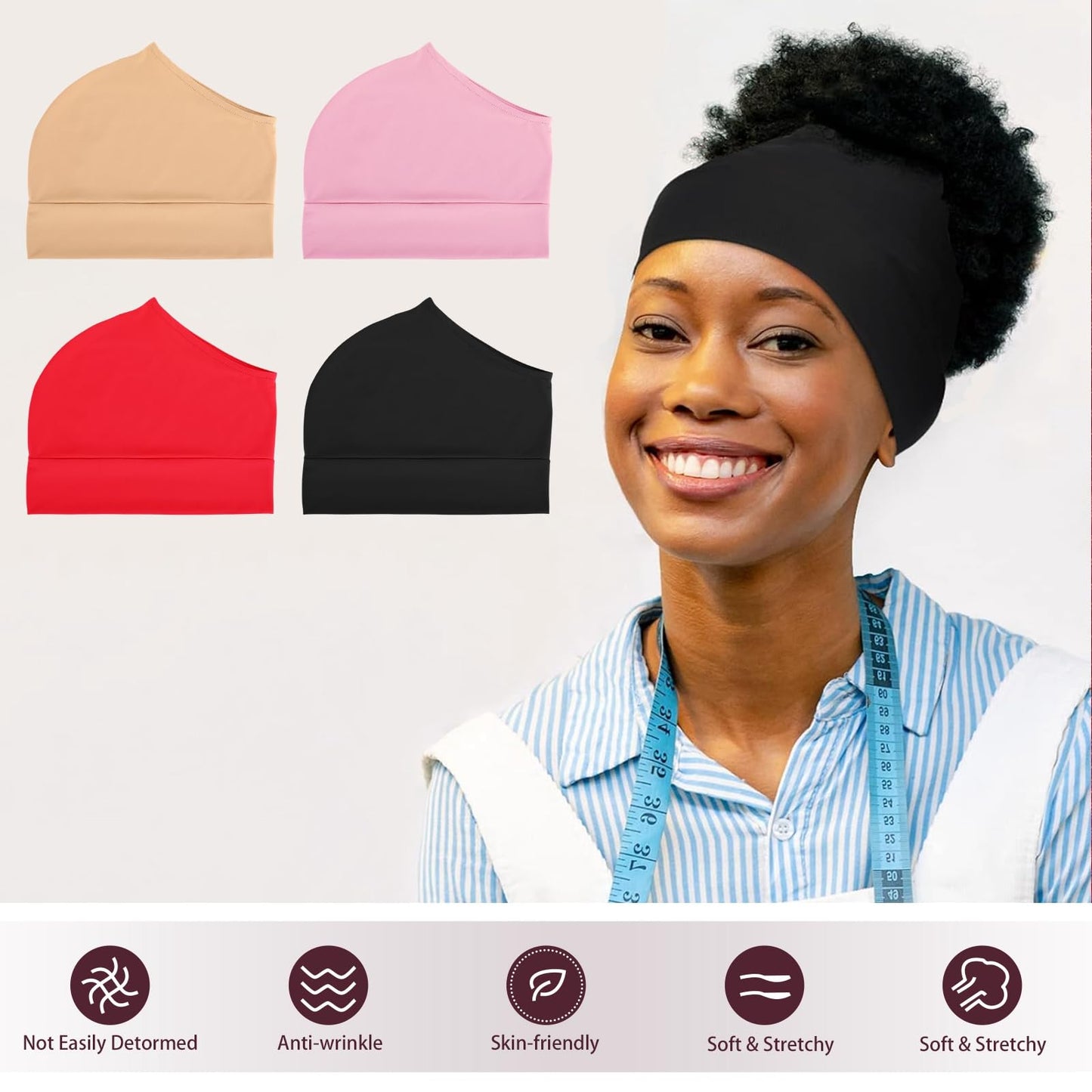 Haysandy 4 Pieces Satin Head Wrap Satin Lined Hair Cover Sleep Cap Slouchy Skull Night Sleeping Beanie for Frizzy Curly Hair (Bl