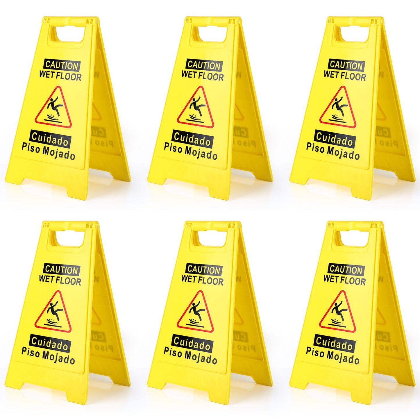 WOUSEDO 6-Pack Caution Wet Floor Sign,17.5" Height,Bright Yellow Double-Sided Folding A-Shaped Frame Design, Bilingual Caution Message