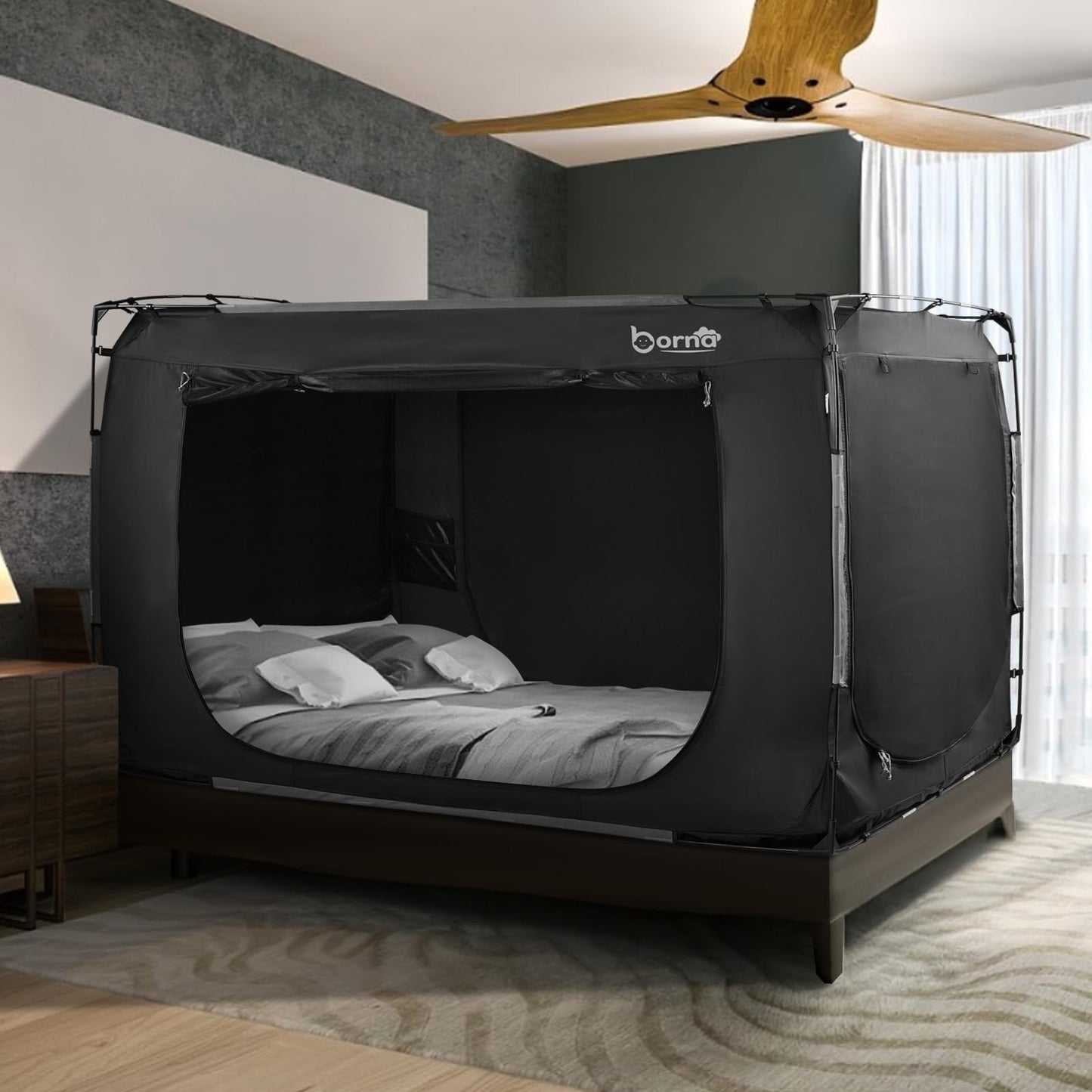 Borna Bed Tent Bed Canopy Full Size, Portable Sleeping Tents Dream Tents Indoor for Kids and Adult, Breathable Privacy Space on Bed with Three Doors (Mattress Not Included)