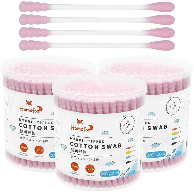 Pink Cotton Swabs Spiral - 600 Count Organic Cotton Buds Double Side Tightly Wrapped Cotton Tips Paper Stick Soft Gentle Lint-Free Cruelty-Free, Round & Spiral (Pink)
