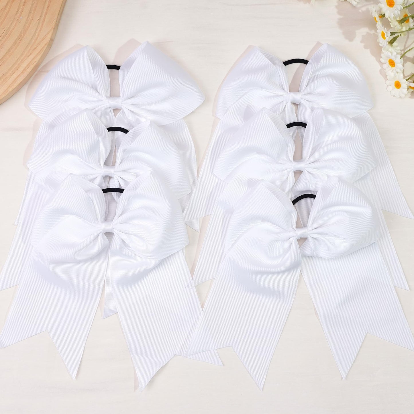 JOYOYO 6Pcs 8 Large Cheer Bows for Girls Ponytail Holder Black Grosgrain Ribbon Cheerleading Bows Elastic Hair Tie Bands for Bab