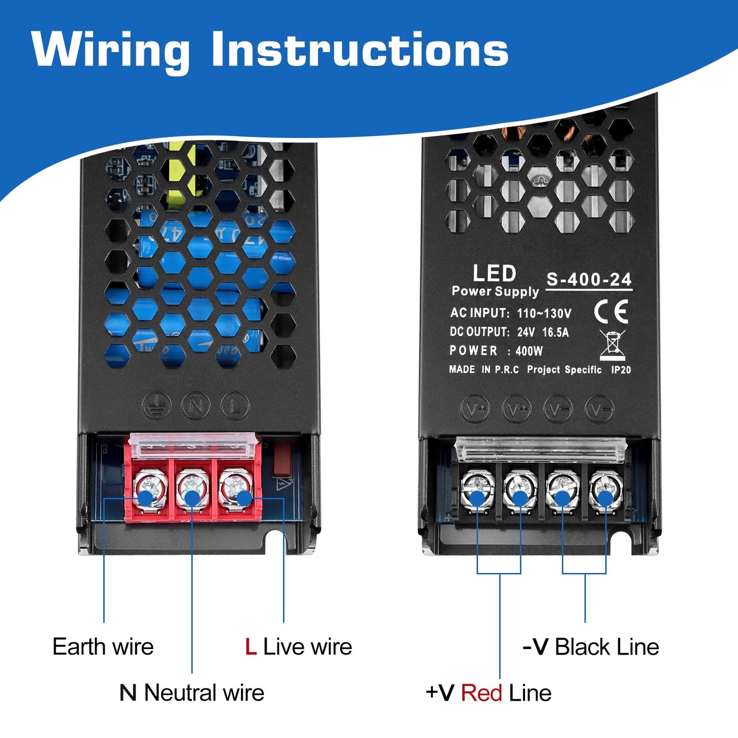 PZETCEIR LED Driver 24V 400W 16.7A Slim LED Power Supply, AC 110V to 24V DC Adapter, Constant Voltage LED Transformer for Strip Lights, Bulbs, Garden and Cabinet Lights