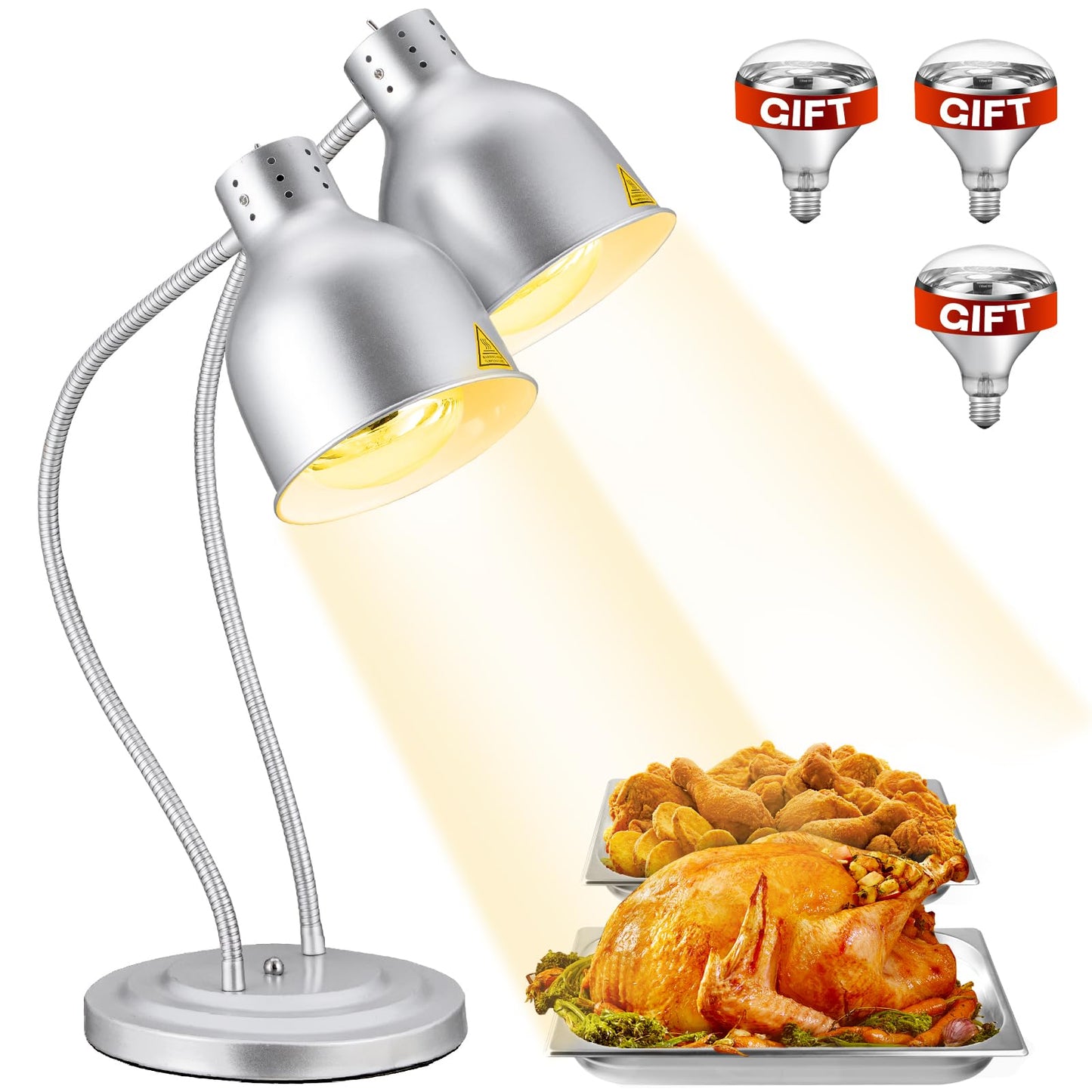 Food Heat Lamp: [Rapid-Heating Bulbs Included] [Steady Heating] Commercial Food Warmer Lamp, Electric Heat Lamp for Food Catering Food Warming Lamp for Buffet Parties (Painted Silver, 32" (2-Head))