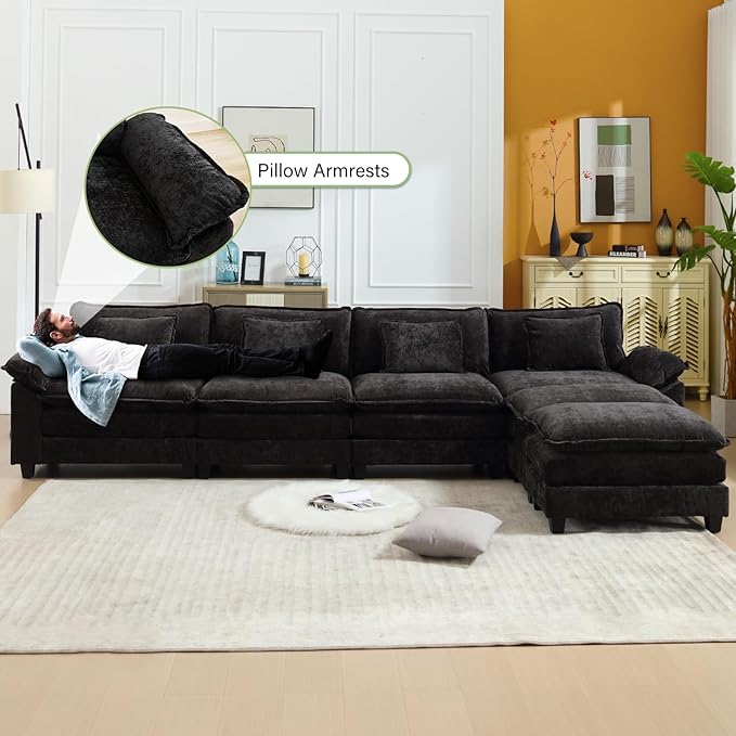 Oprisen 154" Modular Sectional Sofa, Comfy Cloud Couch Sectional Sofa with Ottoman, Chenille Sofa Sleeper Deep Seat Sofa with Throw Pillows for Living Room (Black, 154"- U Shape)