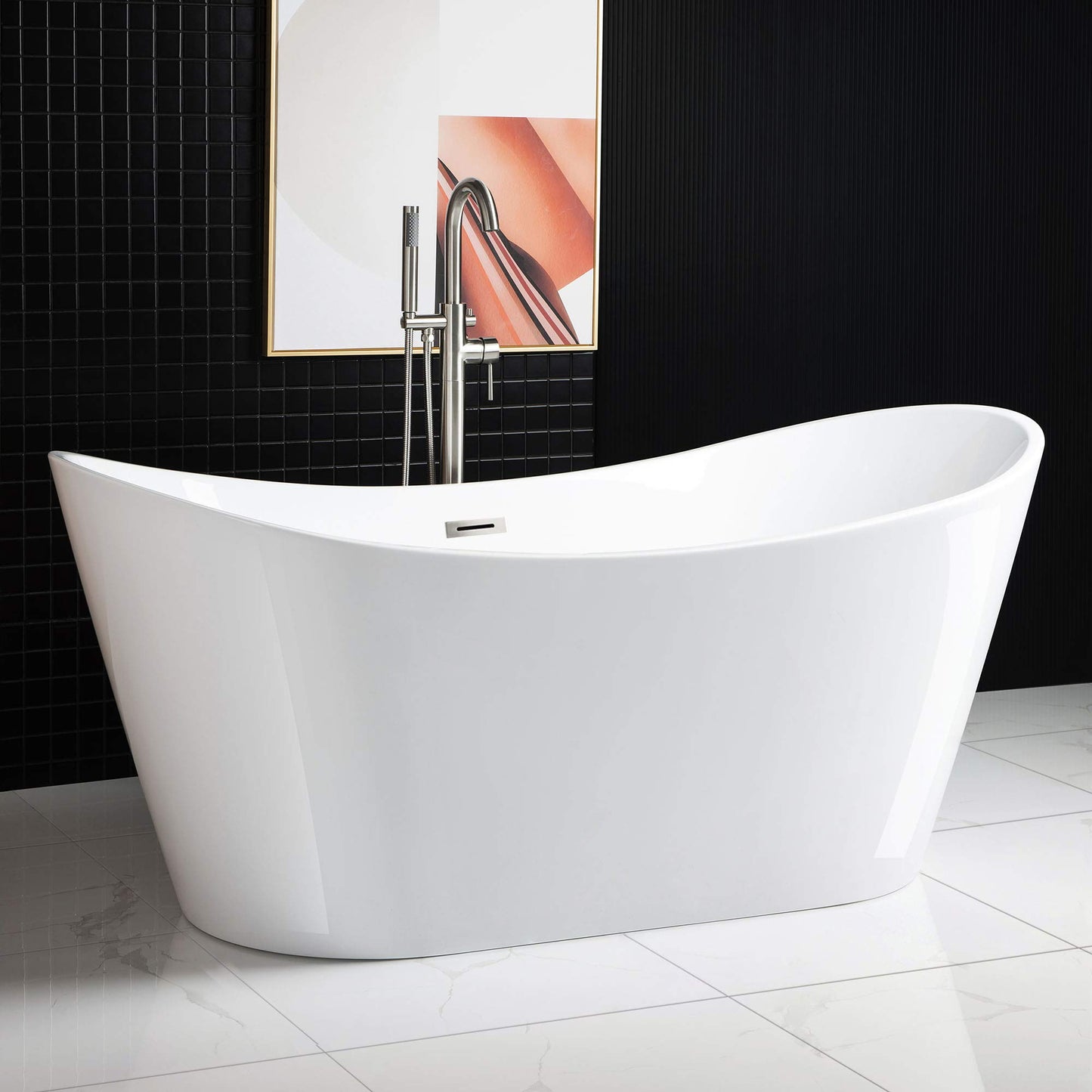 WOODBRIDGE 67" Acrylic Freestanding Bathtub Contemporary Soaking Tub, White Acrylic (Brushed Nickel Drain/Overflow),B-0010 B/N-Drain &O