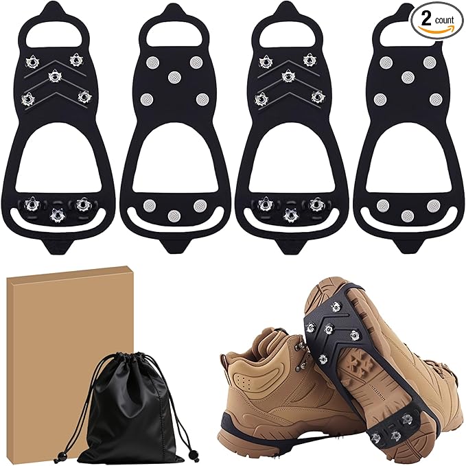 2 Pairs Ice Cleats for Shoes and Boots, Universal Non Slip Hiking Spikes, Micro Shoe Spikes for Snow and Ice, Durable Snow...